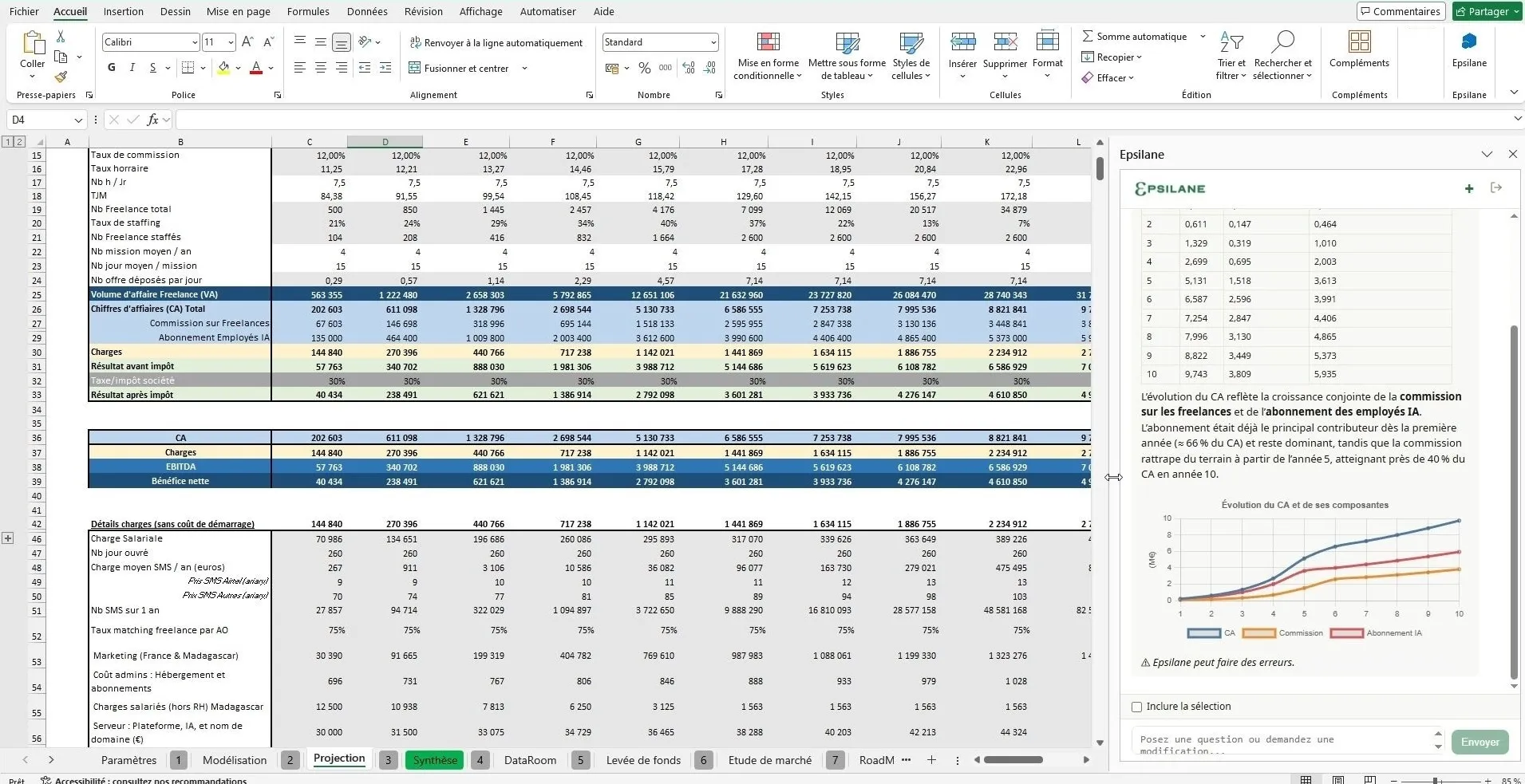 Vue d'ensemble du tableau de bord Epsilane avec analyse de classeur